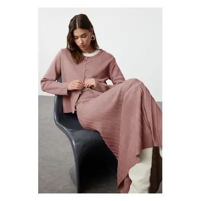 Trendyol Dusty Rose Buttoned Cardigan-Skirt Knitwear Bottom-Top Set