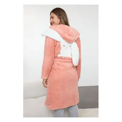 Trendyol Salmon Belted Back Animal Figure Detailed Winter Knitted Dressing Gown