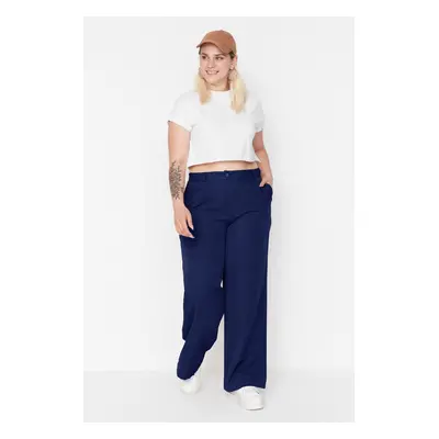 Trendyol Curve Navy Blue Wide Leg/Wide Leg Woven Plus Size Fabric Trousers