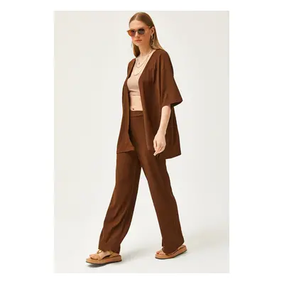 Olalook Women's Bitter Brown Top Kimono Bottom Pants Set