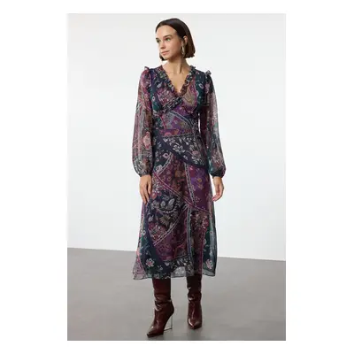 Trendyol Purple Shawl Pattern Waist Opening Ruffle Maxi Lined Woven Dress