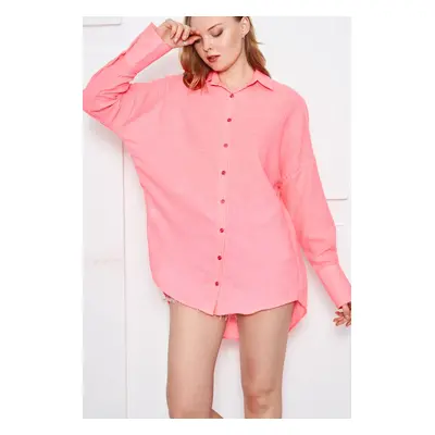 armonika Women's Neon Pink Oversize Textured Linen Look Wide Cuff Shirt