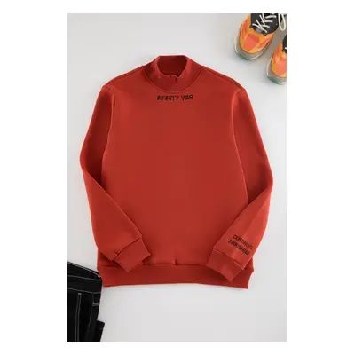 Trendyol Brick Regular/Normal Cut Turtleneck Inside Polar Fleece Embroidered Sweatshir