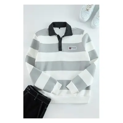 Trendyol Ecru Regular/Normal Cut Polo Collar Striped Polar Fleece Inside Cotton Sweatshirt