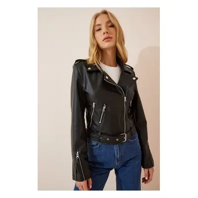 Happiness İstanbul Women's Black Faux Leather Biker Jacket