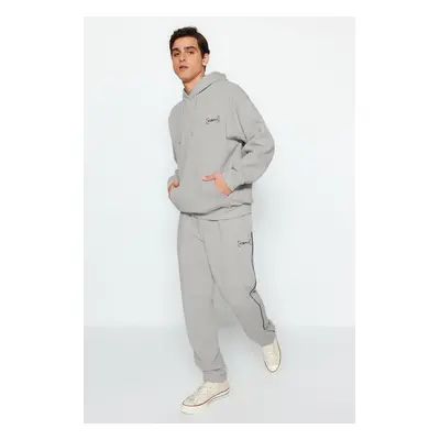 Trendyol Grey Oversize/Wide Cut Hooded Embroidered Warm Sweatshirt Tracksuit