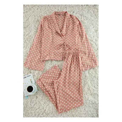 Trendyol Dark Beige Heart Patterned Tie Detailed Viscose Maternity Woven Pajama Set