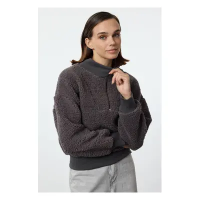 Trendyol Anthracite Zippered Oversize/Wide Fit Plush Thick Knitted Sweatshirt