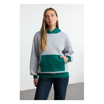 Trendyol Gray Melange Color Blocked Oversize/Wide Collar Thick Inside Fleece Knitted Sweatshirt