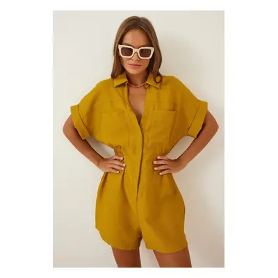 Happiness İstanbul Women's Mustard Linen Viscose Jumpsuit with Shorts TO0009