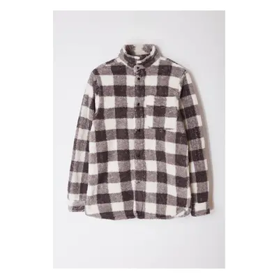 Trendyol Black Unisex Fit Welsoft Plush Winter Plaid Shirt Jacket