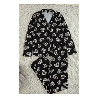 Trendyol Black 100% Cotton Leopard Heart Patterned Shirt Pants Knitted Pajama Set