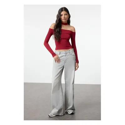 Trendyol Burgundy Carmen Collar Choker Detailed Fitted Crop Ribbed Knitted Blouse