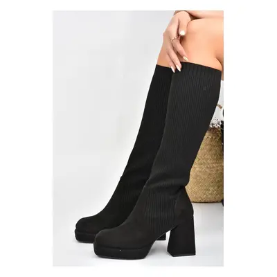 Fox Shoes Women's Black Suede Platform Heeled Knitwear Boots