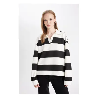 DEFACTO Oversize Wide Pattern Striped Polo Neck Thick Sweatshirt