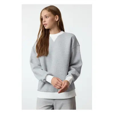 Trendyol Grey Melange Color Block Oversize/Wide Pattern Thick Knitted Sweatshirt