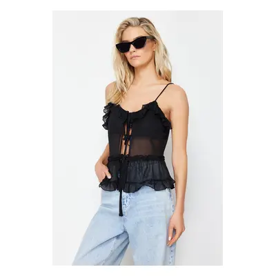 Trendyol Black Tulle Lacing Detailed Strappy Flexible Knitted Blouse