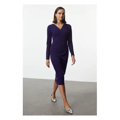 Trendyol Purple Double Breasted Collar Long Sleeve Gather Detailed Fitted Midi Knitted Dress