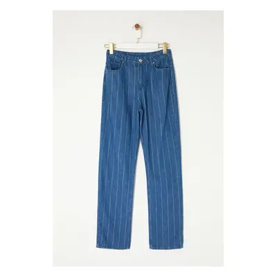 Trendyol Blue Striped High Waist Straight Jeans