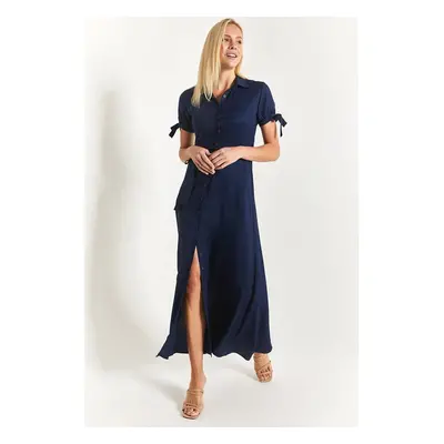 armonika Women's Navy Blue Tied Sleeve Belted Waist Shirt Dress