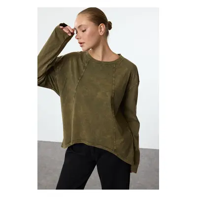 Trendyol Khaki Washed/Faded Effect Sewing Detailed Asymmetrical Crew Neck Knitted T-Shirt