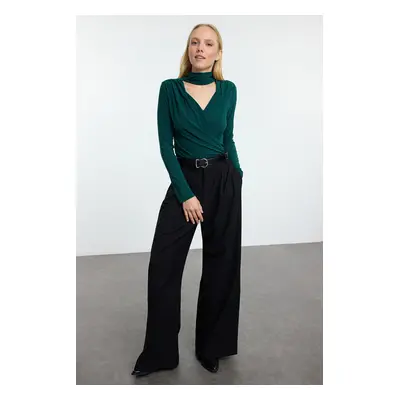 Trendyol Emerald Green Tie Detailed Wrap Double Breasted Neck Slim/Fitting Knitted Bodysuit