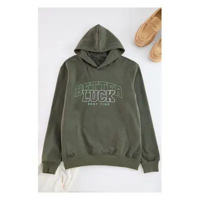 Trendyol Black Regular Cut Text Embroidered Hooded Sweatshirt