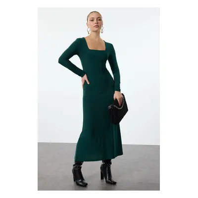 Trendyol Emerald Green Maxi Flounce Square Neck Fitted Maxi Stretch Knitted Dress