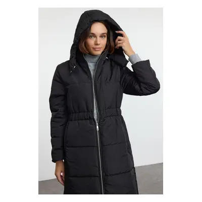 Trendyol Black Oversize Hooded Elastic Waist Long Coat