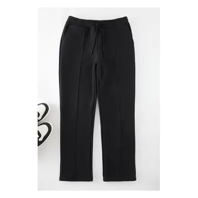 Trendyol Black Straight Cut Thick Sweatpants with Label and Stitching Details