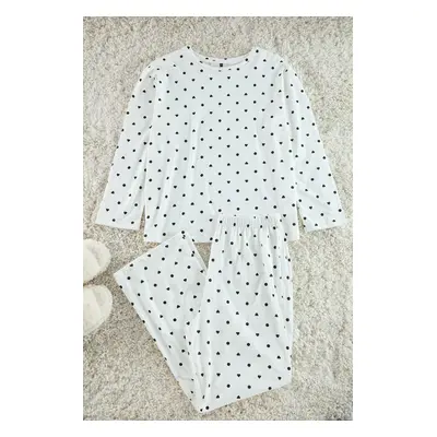 Trendyol Curve Ecru Heart and Polka Dot Patterned Knitted Pajama Set