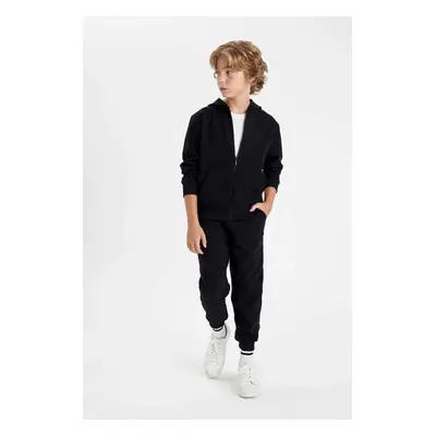 DEFACTO Boy Basic Plain Black Hooded Zippered Pocket School Cardigan T7468a624au