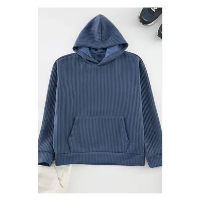 Trendyol Indigo Oversize/Wide Cut Textured Basic Hooded Sweatshirt