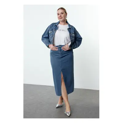 Trendyol Curve Blue Striped Slit Long Denim Plus Size Skirt