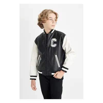 DEFACTO Boys Water Repellent College Collar Zippered Double Pocket Seasonal Light Faux Leather B