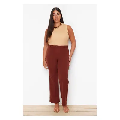 Trendyol Curve Brown High Waist Ribbed Stitched Spanish Leg Woven Fabric Trousers