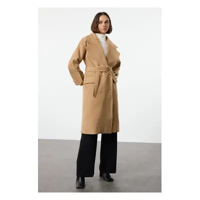 Trendyol Camel Regular Belted Foldable Sleeves Wool Trench Coat