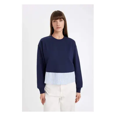 DEFACTO Navy Blue Relax Fit Crew Neck Basic Plain Sweatshirt