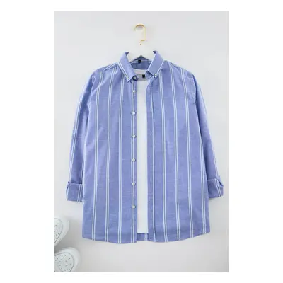 Trendyol Blue Slim Fit Button Down Collar Pinstripe Shirt