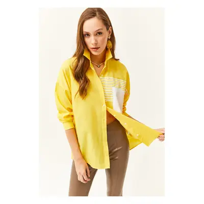 Olalook Women's Yellow Pocket Detailed Oversize Woven Shirt