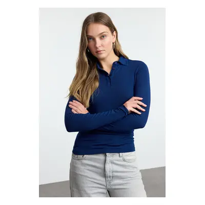 Trendyol Navy Blue Button Collar Fitted Regular/Normal Length Knitted Blouse