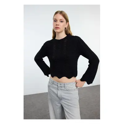 Trendyol Black Crop Openwork/Hole Detailed Crew Neck Knitwear Sweater