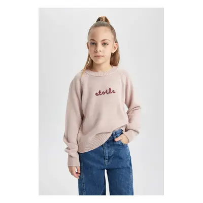 DEFACTO Girl's Crew Neck Printed Knitwear Sweater