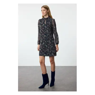 Trendyol Navy Blue Shawl Patterned Straight Cut Mini Lined Woven Winter Dress