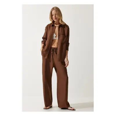 Happiness İstanbul Women's Brown Oversize Shirt Wide Trousers Suit