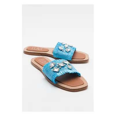 LuviShoes NORVE Bebe Blue Women's Slippers with Straw Stones.