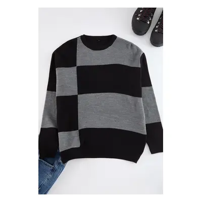 Trendyol Black Regular Crew Neck Color Blocked Knitwear Sweater