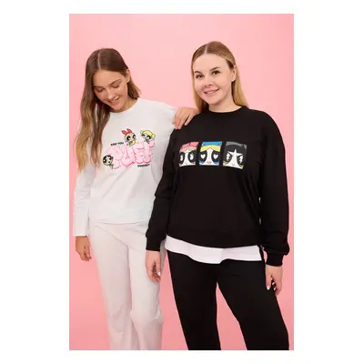 Trendyol Curve Black Powerpuff Girls Licensed Crew Neck Knitted Plus Size Sweatshirt