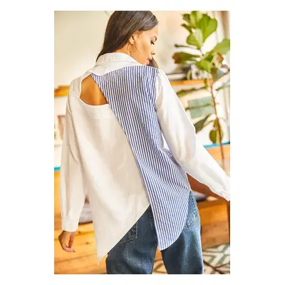 Olalook Women's Blue White Back Cut Out Detail Sambre Oversize Shirt