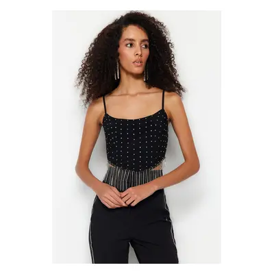 Trendyol Black Crop Lined Knitted Bustier with Shiny Stones